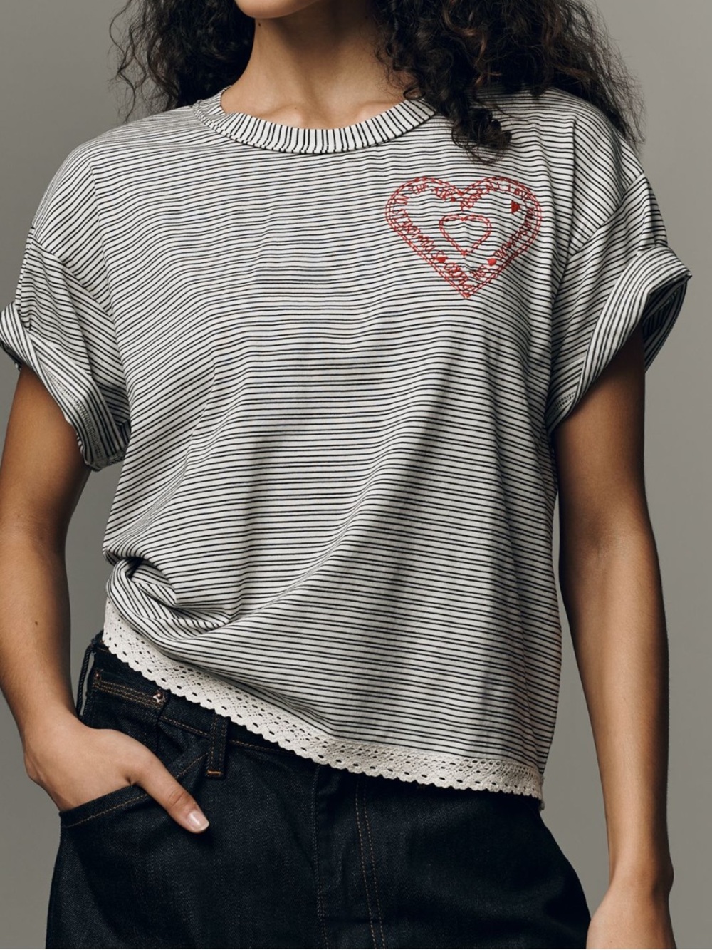 ❣️Anthropologie Embroidered Tee Pilcro Short-Sleeve Yours Truly XL Black White